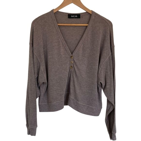fab'rik Tops - fab'rik Womens Pullover V Neck Long‎ Sleeve Taupe Shirt Size S Crop Boxy